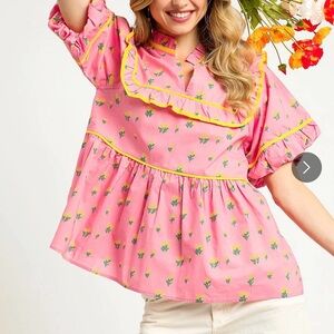 Umgee Pink Floral Blouse with Yellow Trim